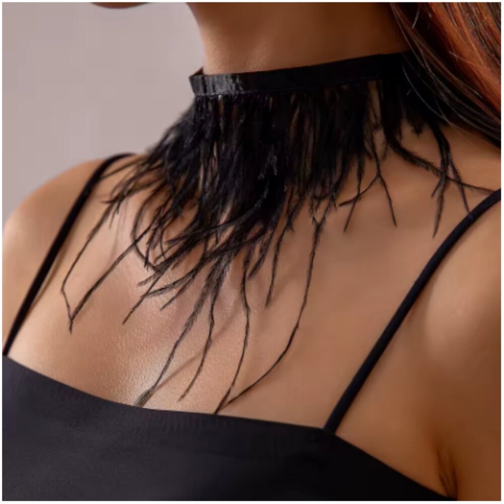 Gothic Black Feather Choker Necklace Plush Ostrich Feather Statement Collar NEW